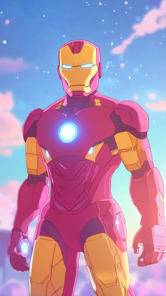 A stylized illustration of Iron Man, depicted in a vibrant pink and gold suit against a soft, pastel sky. The armor's design is sleek and modern, with glowing blue accents on the chest and gauntlets. The background features a dreamy, almost ethereal quality, enhancing the superhero's heroic presence. The overall style is reminiscent of anime or manga aesthetics.