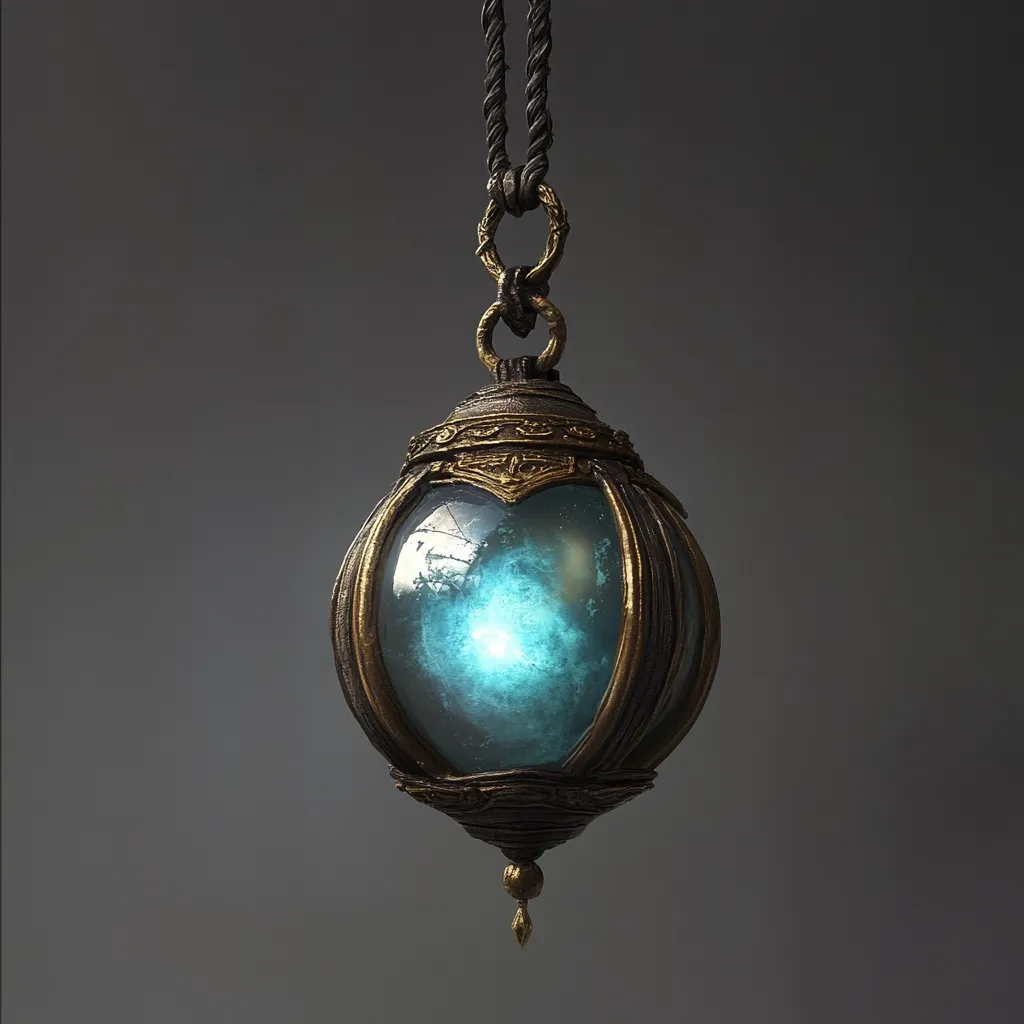 An ornate, egg-shaped pendant hangs from a dark cord.  The pendant is crafted from dark metal with gold accents, enclosing a glowing, teal orb.  Intricate detailing adorns the metalwork, suggesting an antique or mystical origin. The glowing orb within hints at magical properties or inner light.  The overall aesthetic is both elegant and mysterious.