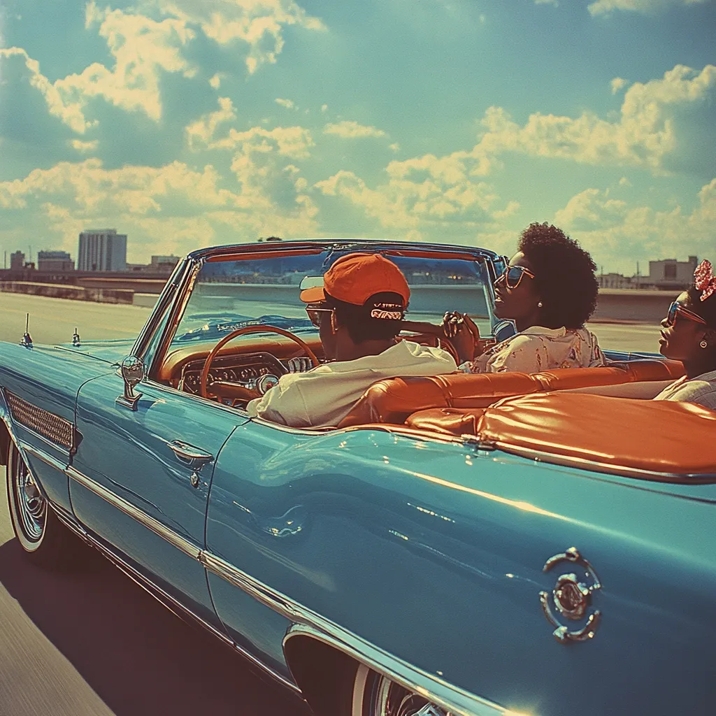 A vintage teal convertible speeds down a highway under a bright, sunny sky.  Three young adults, a man in a cap driving and two women as passengers, enjoy the ride.  The car's orange interior contrasts with its exterior, creating a vibrant, nostalgic scene.  City buildings are visible in the distance, adding context to the joyful road trip.