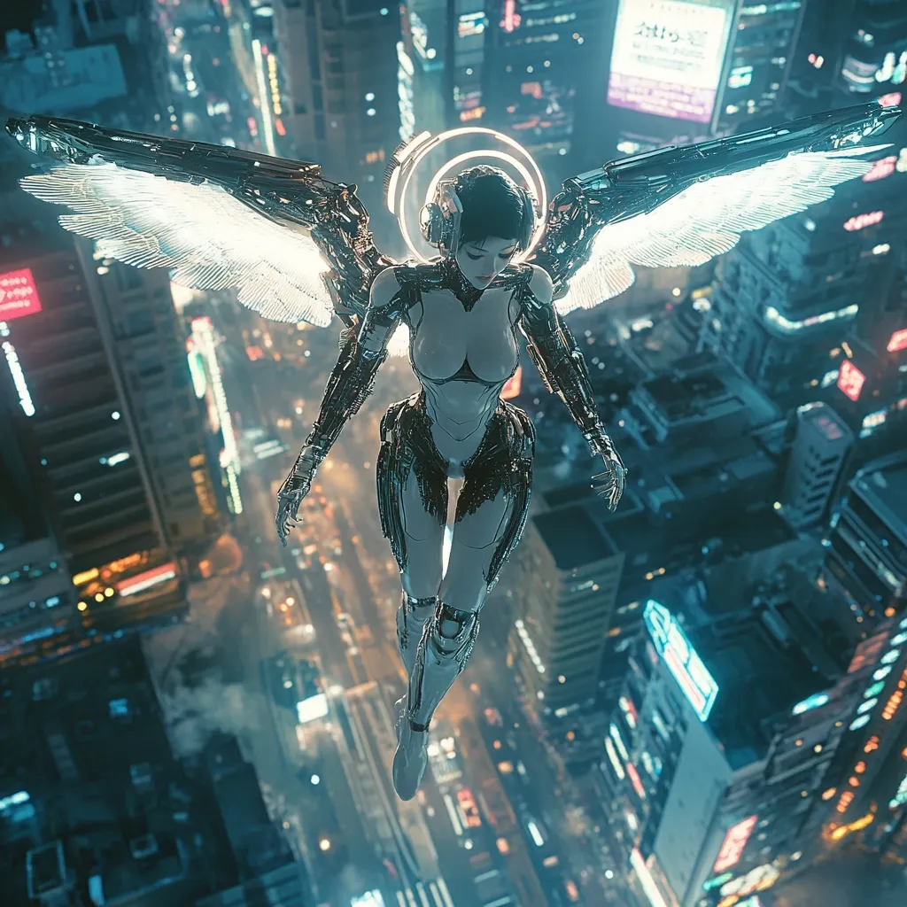 A futuristic female cyborg angel with metallic wings and a glowing halo descends over a sprawling, neon-lit cityscape.  Her body is intricately detailed, showcasing a blend of robotic and organic elements.  The scene evokes a cyberpunk aesthetic, contrasting the ethereal qualities of the angel with the harsh reality of the urban environment below.  The image is highly stylized and digitally rendered.