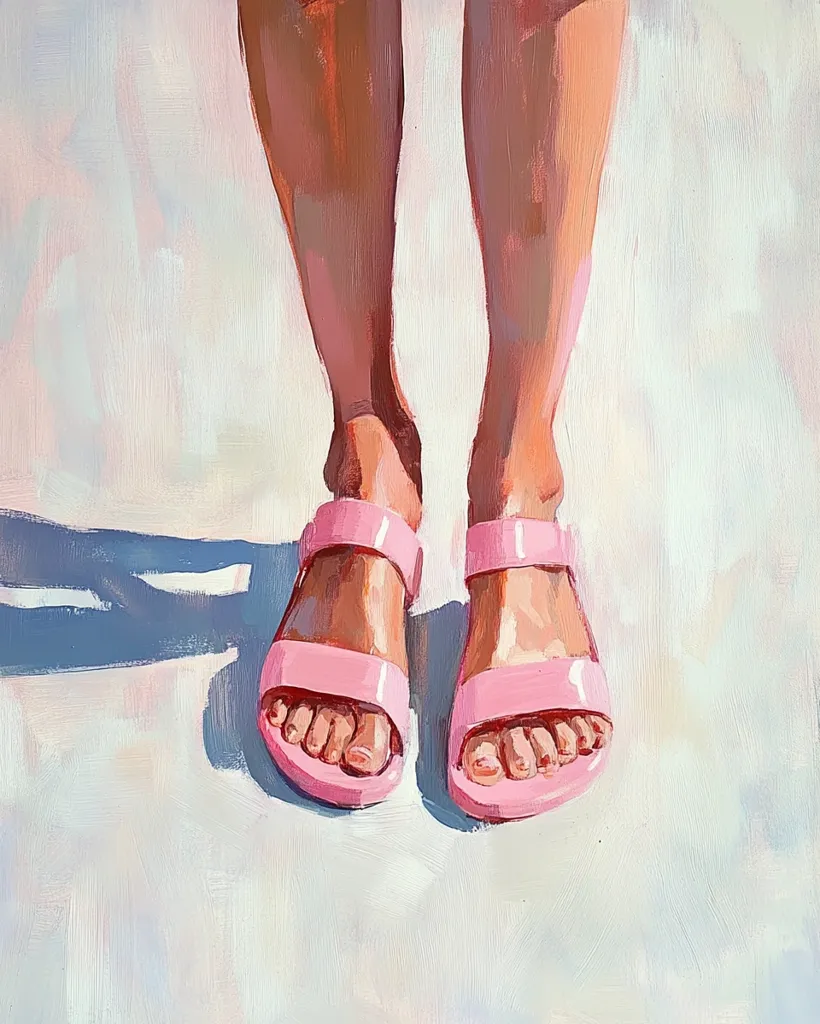A vibrant painting showcases a pair of legs clad in bright pink sandals.  The style is loose and expressive, with visible brushstrokes creating a textured effect. The sandals are simple, two-strap styles, and the legs are tan and sun-kissed. The background is a pale, subtly textured off-white, suggesting a bright, sunny setting.  The overall mood is cheerful and summery.