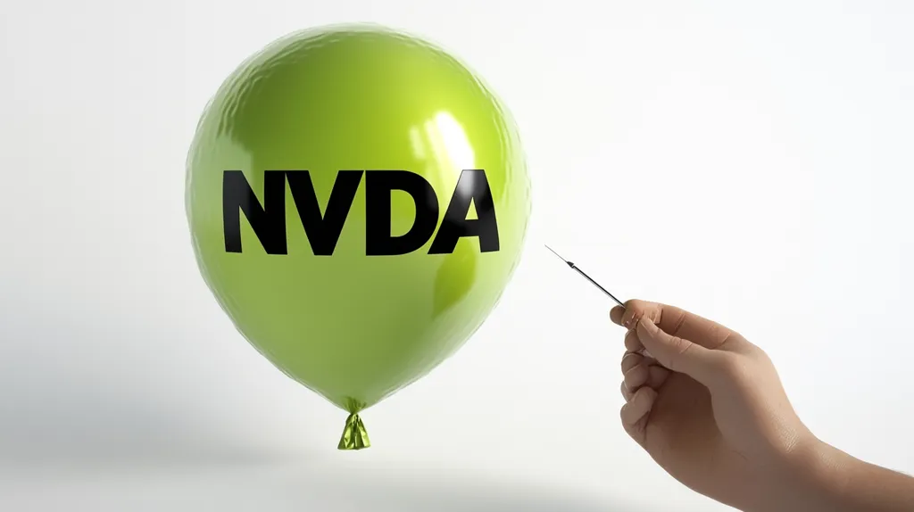 A green balloon printed with "NVDA," the stock ticker symbol for Nvidia, is shown with a pin poised to puncture it.  The image suggests a potential decline or bursting of the Nvidia stock price. The hand holding the pin implies an impending action, symbolizing risk or market volatility.
