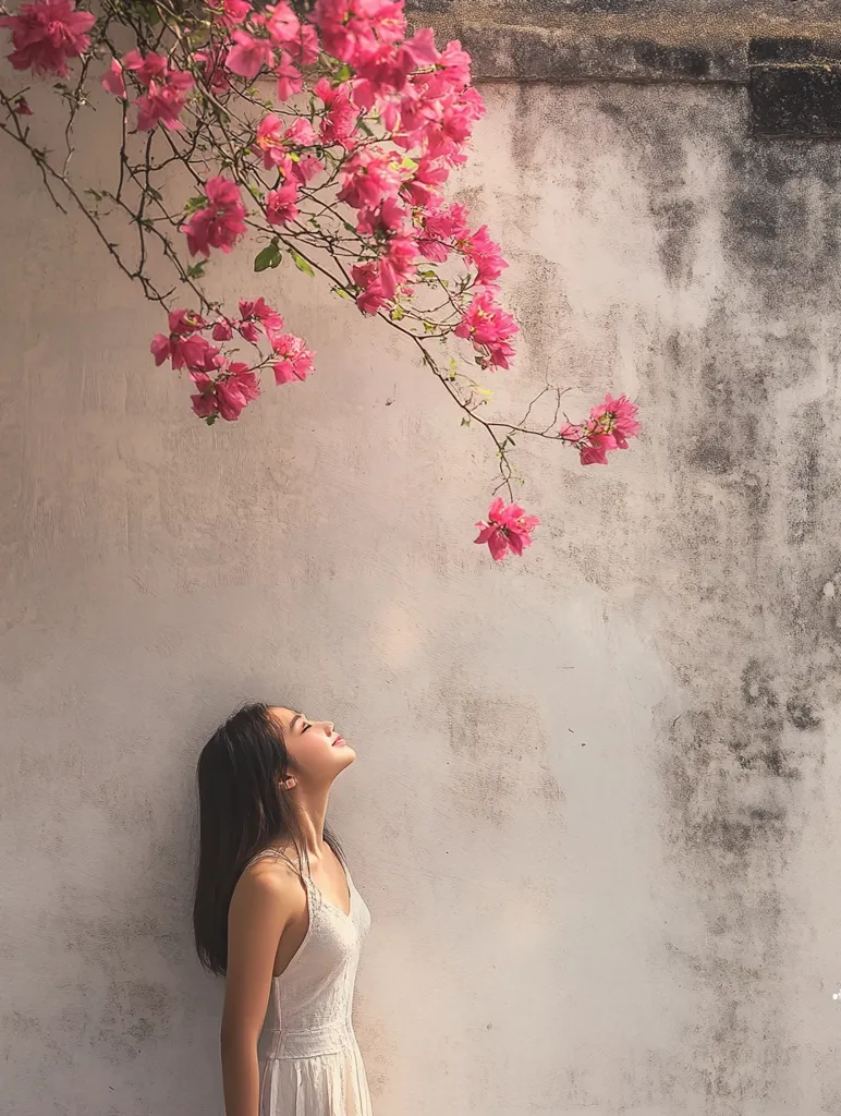 A young woman with long dark hair stands against a textured, off-white wall, her head tilted back, eyes closed serenely.  She wears a simple white sundress.  A vibrant pink bougainvillea vine cascades down from above, framing her to the left. Sunlight filters through the scene, creating a peaceful and idyllic atmosphere.
