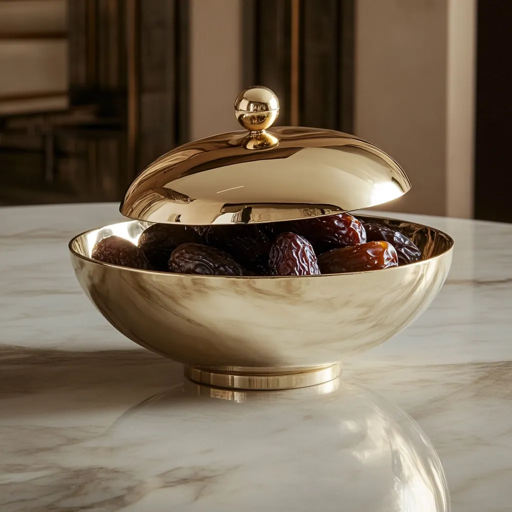 A gold bowl with a matching lid sits on a marble table.  The bowl is filled with dates.  The elegant, polished gold finish reflects the surrounding light. The scene is subtly luxurious, suggesting a setting of refined taste and possibly a celebratory occasion. The bowl's design is simple yet sophisticated.