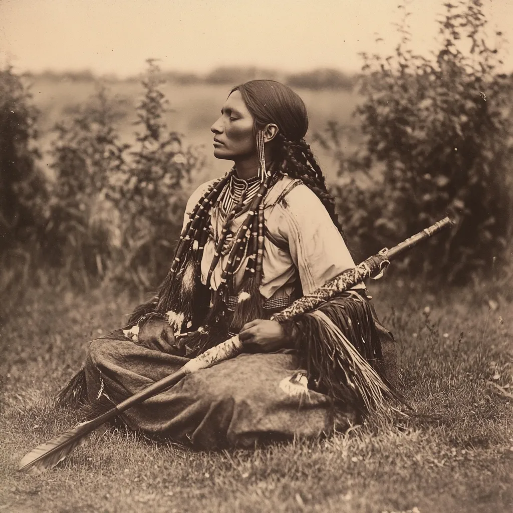 A sepia-toned photograph depicts a Native American woman seated outdoors, her gaze directed to the left.  She is adorned in traditional attire, including beaded necklaces, elaborate headdress, and a long garment.  A decorated spear or staff rests across her lap. The background shows sparse vegetation, suggesting a plains setting.  The image conveys a sense of serenity and cultural heritage.