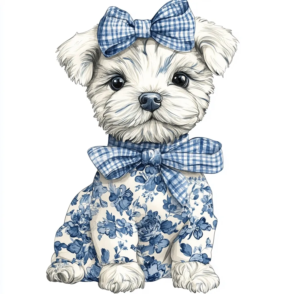 An adorable Maltese puppy is depicted in a watercolor illustration.  The puppy is dressed in a charming blue and white floral jumpsuit, accented with matching gingham bows on its head and neck. Its fluffy white fur and dark eyes create a sweet and stylish image. The overall style is elegant and whimsical, perfect for pet lovers or fashion-forward designs.