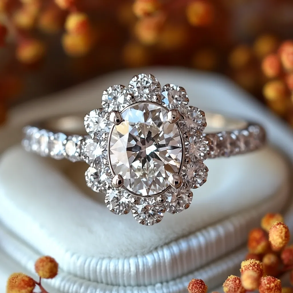 A stunning diamond engagement ring rests in a white ring box. The ring features a large, round-cut center diamond encircled by a halo of smaller diamonds, creating a floral design.  The band is also encrusted with diamonds, adding to its overall sparkle. The ring is beautifully showcased against a blurred background of orange flowers.