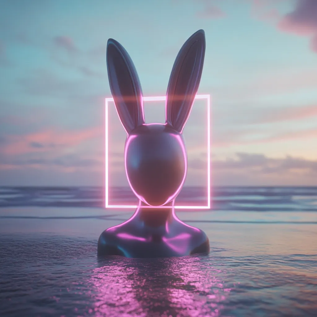 A metallic, rabbit-eared bust emerges from calm ocean water at sunset.  A glowing pink square frame surrounds the head, creating a surreal, artistic effect. The image evokes a blend of fantasy and modern aesthetics, with the smooth, reflective surface of the bust contrasting the soft colors of the sky and sea.  The overall mood is peaceful yet enigmatic.
