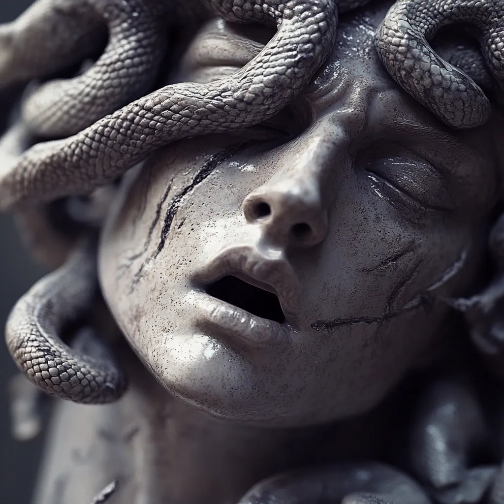 A close-up shot of a meticulously crafted Medusa sculpture.  The sculpture depicts Medusa's face, with snakes intricately woven into her hair, partially obscuring her eyes.  Her expression is one of agony or distress, emphasized by cracks marring her stone-like skin. The detail is remarkable, highlighting the texture of both skin and snakes.  The overall tone is dark and dramatic, evoking the mythical creature's tragic story.