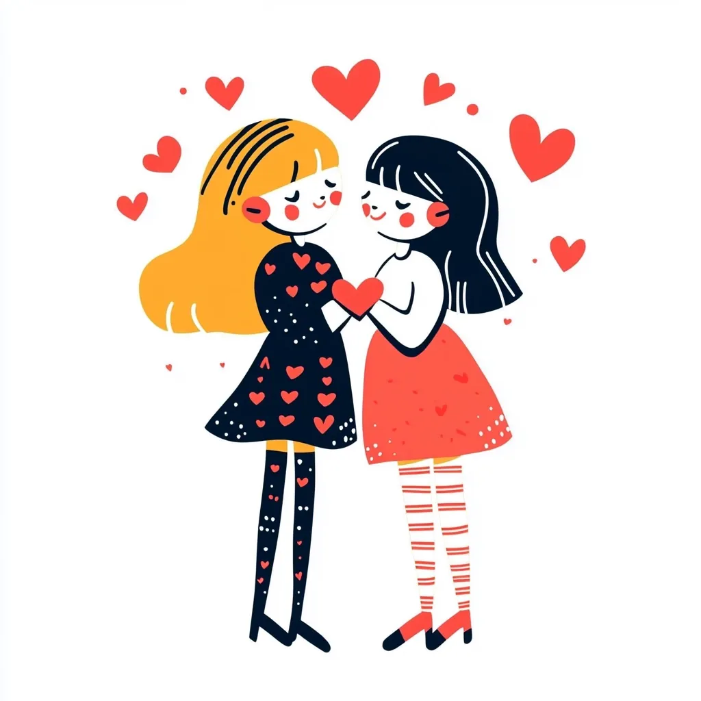 An illustration of two girls standing close together, holding small hearts.  One has blonde hair and a dark dress, the other has black hair and a red skirt.  They are surrounded by floating hearts, creating a romantic and loving atmosphere.  The style is simple and cartoonish, with bold outlines and flat colors.