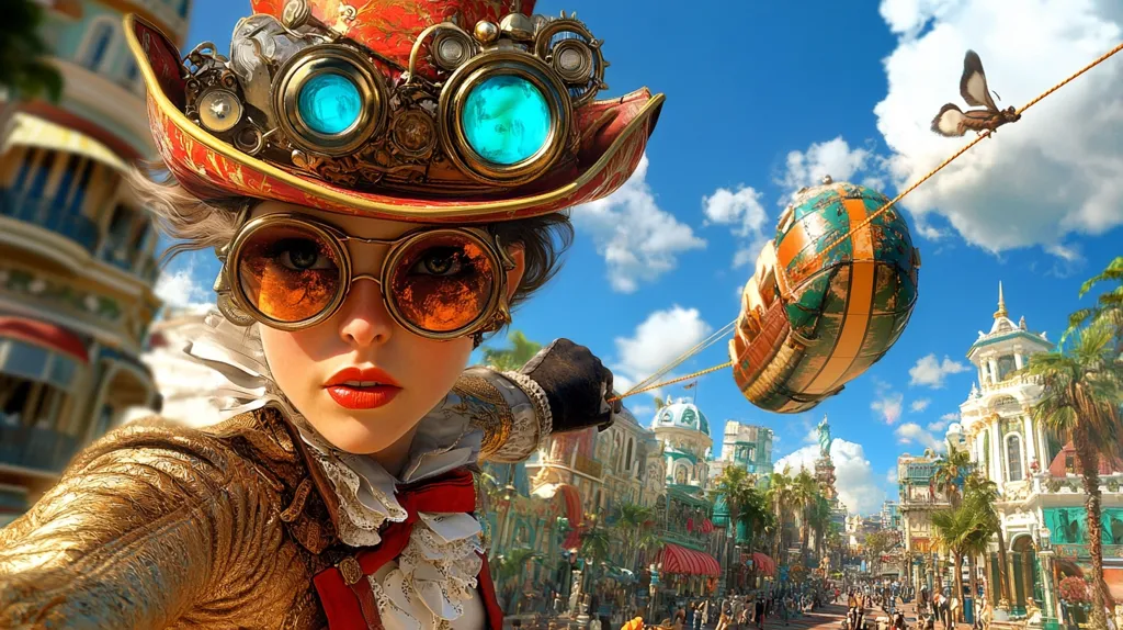 A steampunk-styled woman with goggles and a large hat is shown in a self-portrait. She holds a rope attached to a dirigible-like airship, floating over a vibrant, bustling city street filled with palm trees and ornate buildings under a sunny sky. A butterfly is also seen perched on the rope. The image is rich with detail and color, suggesting a fantastical setting.