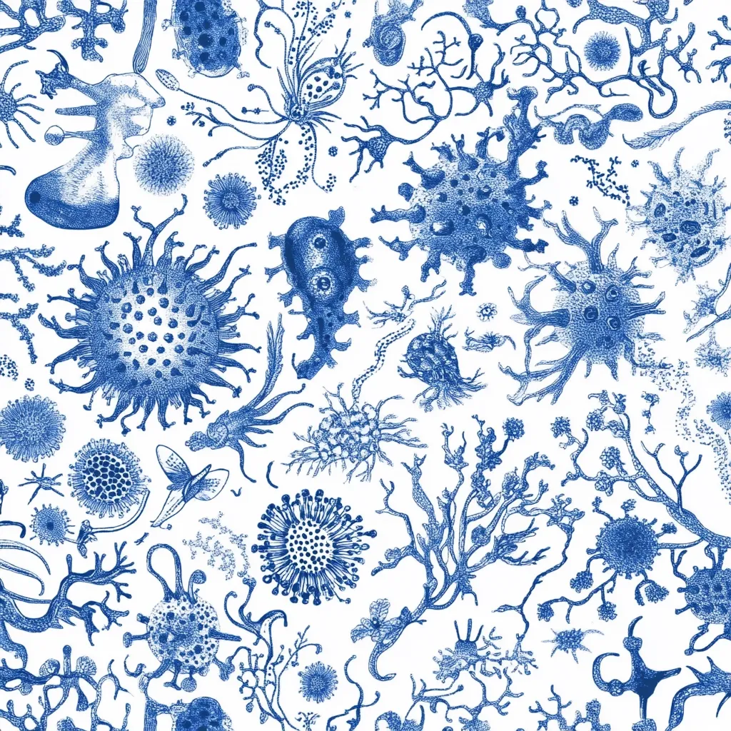 A repeating pattern showcases a collection of intricately detailed, blue-toned microscopic organisms.  The designs resemble various single-celled life forms, from simple spheres to complex branching structures, evoking a sense of scientific illustration or biological study. The white background allows the detailed linework and shading of each organism to stand out, creating a visually rich and captivating pattern.