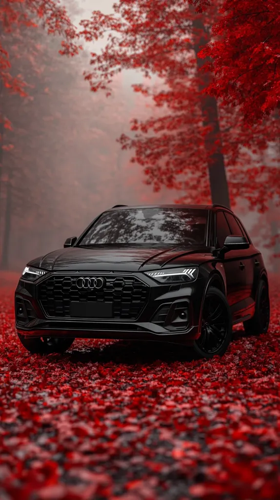 A sleek, black Audi Q5 SUV sits amidst a carpet of crimson autumn leaves.  The misty forest background, with its vibrant red foliage and dark trees, creates a dramatic and moody atmosphere. The car's dark color contrasts sharply with the bright red leaves, making it the focal point of the image. The scene is atmospheric and visually striking.