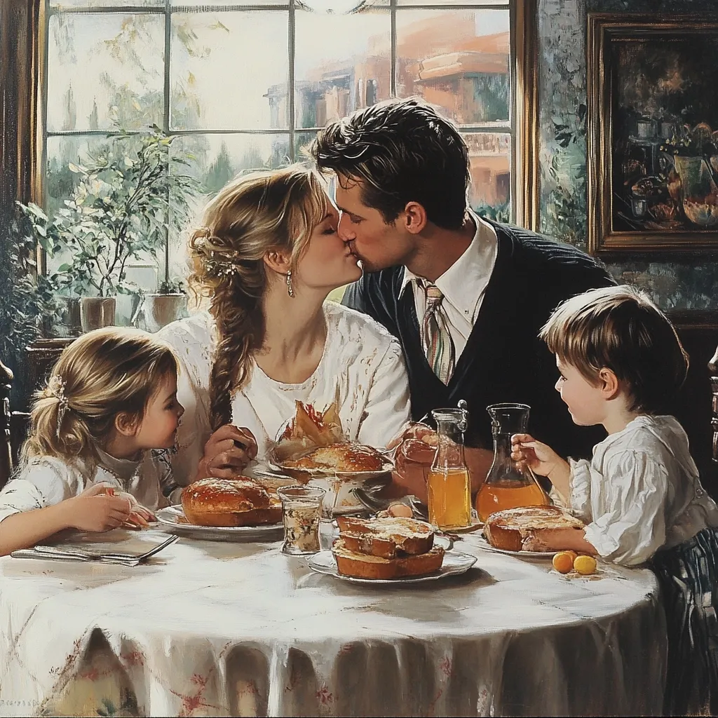 A painting depicts a family at a breakfast table.  The parents share a tender kiss while their two young children, a girl and a boy, sit beside them.  The table is laden with pastries, bread, and juice.  Sunlight streams in from a large window behind them, creating a warm, intimate atmosphere.  The scene exudes love and family togetherness.