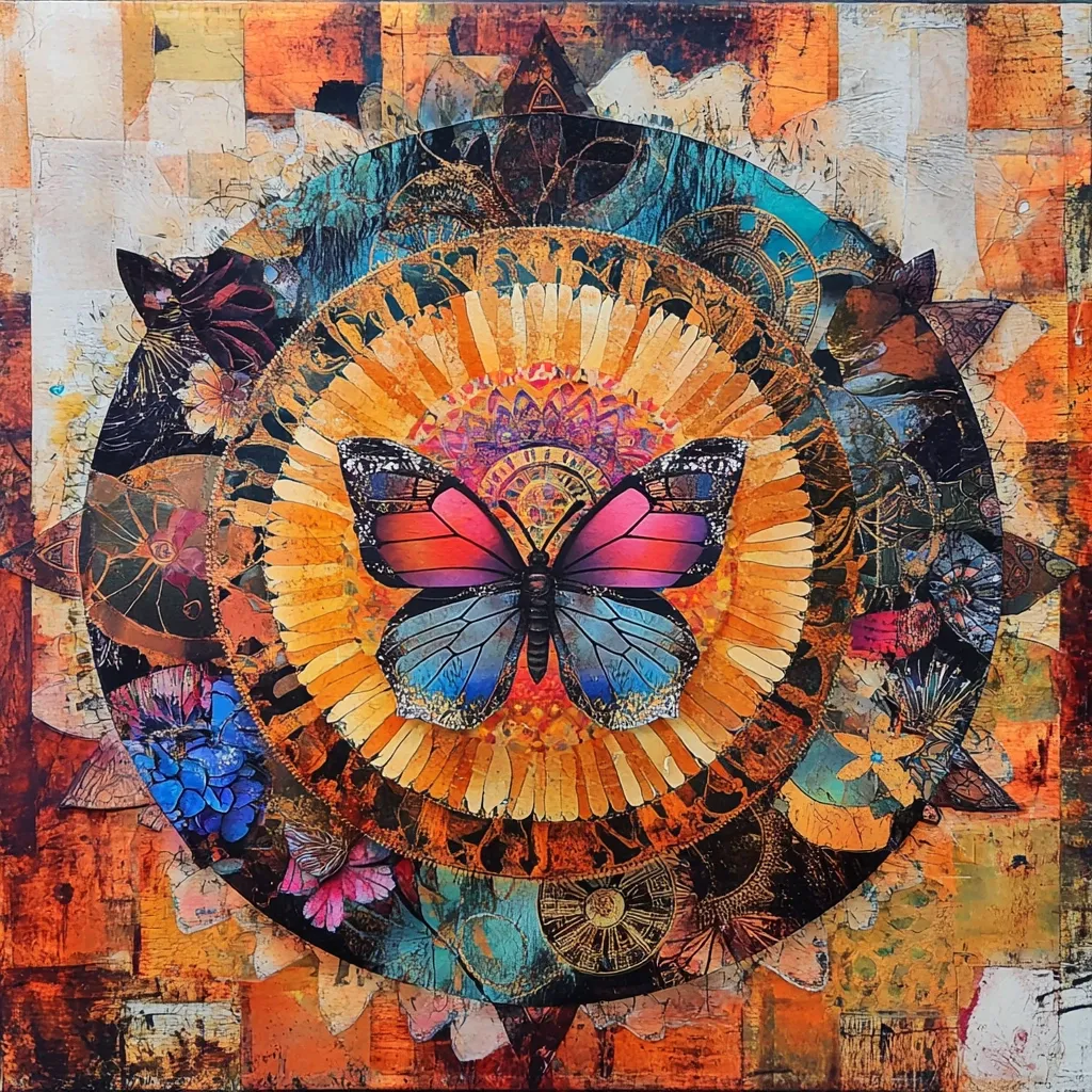 A vibrant mixed-media artwork centers on a large, colorful butterfly positioned within a mandala-like sunburst.  Surrounding the butterfly are layers of textured, collaged elements including flowers, clockwork imagery, and earthy tones.  The overall effect is one of intricate detail and rich, warm color, creating a mystical and visually captivating piece.