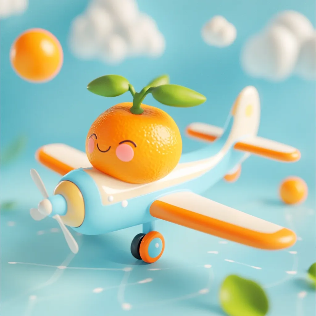 A cute, cartoonish orange with a happy face sits atop a small, light blue airplane.  The plane has orange and white wings and is flying against a pastel blue sky dotted with fluffy white clouds and small oranges. The overall scene is bright, cheerful, and whimsical, created with 3D rendering techniques.