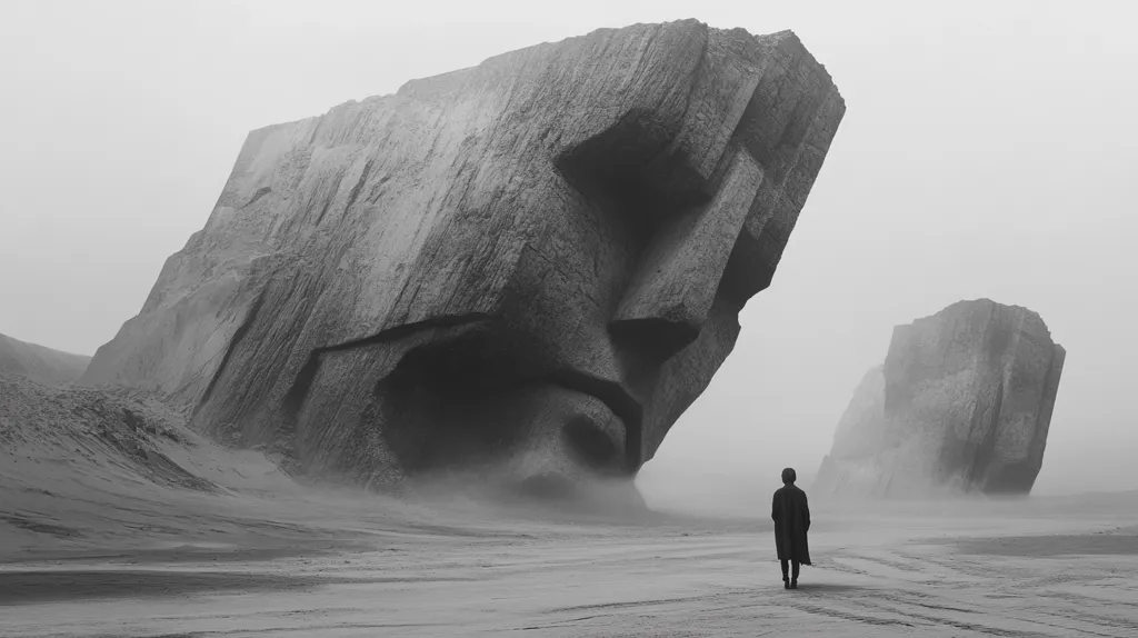 A lone figure stands in a desolate, misty landscape dominated by colossal, eroded stone structures resembling monumental faces.  The grayscale image evokes a sense of isolation and mystery, the vastness of the setting emphasizing the smallness of the human form. The monumental structures suggest a forgotten civilization or a surreal, otherworldly environment.  A strong sense of scale and atmospheric perspective is created by the hazy atmosphere and the dramatic rock formations.