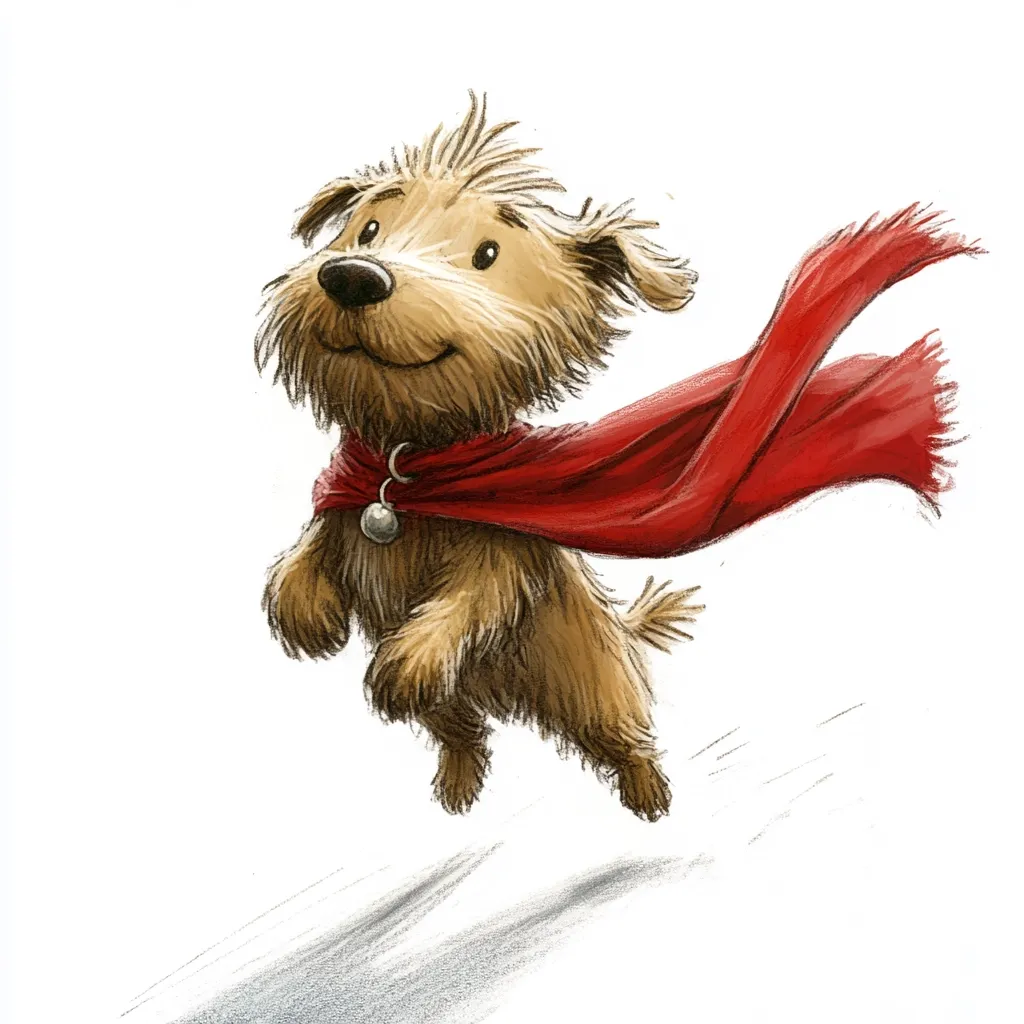 A joyful, light brown, fluffy dog leaps through the air, a red scarf billowing behind it like a cape.  Its cheerful expression and dynamic pose suggest a sense of adventure and freedom. The dog is depicted in a whimsical, almost cartoonish style, with soft, textured fur and a slightly exaggerated body.  The white background emphasizes the dog's movement and playful energy.
