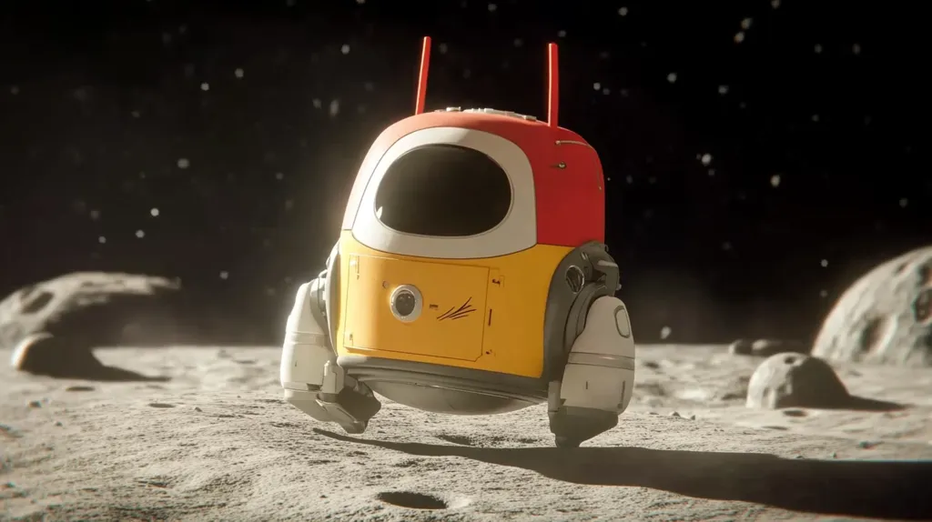 A cute, cartoonish robot, predominantly yellow and red, with short antennas, rolls across a lunar landscape.  The robot has a round body and small, articulated limbs.  The background shows a dark, starry space and the cratered surface of the moon.  The scene is rendered in high detail, with realistic lighting and shadows.