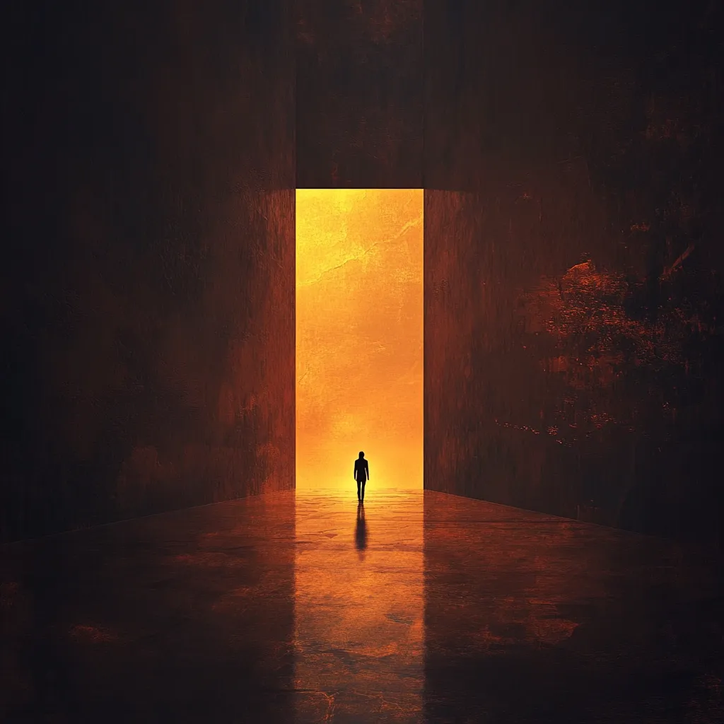 A solitary figure stands at the threshold of a tall, rectangular opening, bathed in an intense, warm orange glow.  The person is silhouetted against the bright light emanating from the aperture, which appears to lead to an unknown, possibly fiery, destination. The surrounding architecture is dark and imposing, creating a stark contrast with the radiant light. The image evokes feelings of anticipation, uncertainty, and a journey into the unknown.