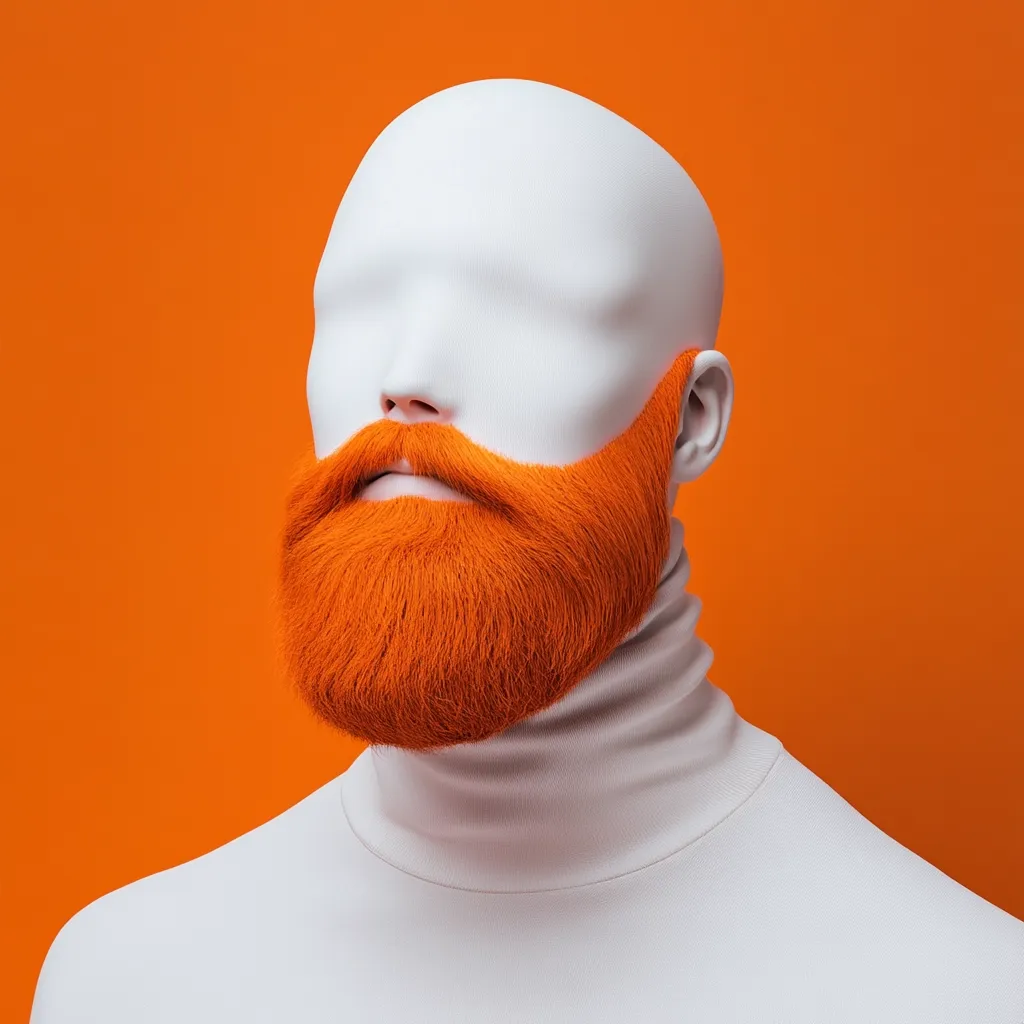A faceless mannequin, rendered in white, sports a vibrant, bright orange beard.  It's dressed in a simple white turtleneck, set against a bold orange backdrop. The contrast between the mannequin's smooth, featureless face and the strikingly colored beard creates a striking, surreal image.  The overall effect is bold and artistic.