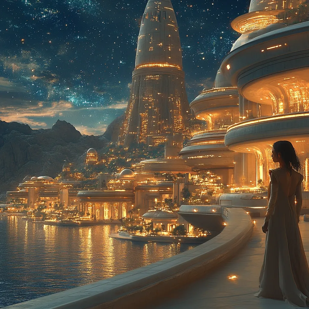 A futuristic city sprawls along a calm, reflective waterway under a star-studded night sky.  Golden-hued buildings, featuring sleek, curved architecture and towering spires, are brilliantly lit.  A lone woman in a flowing gown stands on a balcony overlooking the scene, gazing out at the breathtaking cityscape.  The overall aesthetic is one of opulence and tranquility, hinting at a technologically advanced, yet serene civilization.