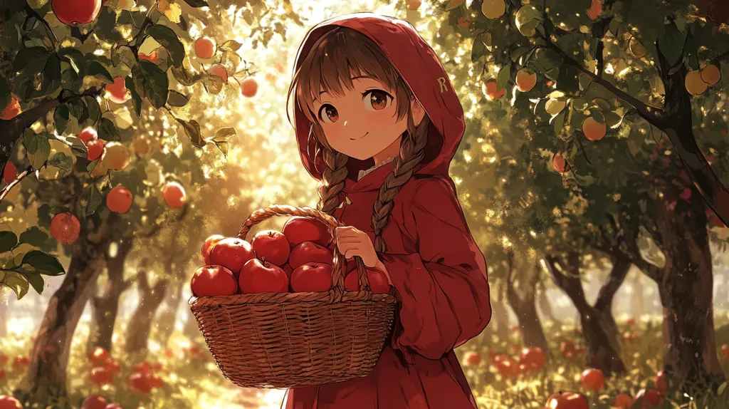 A charming anime girl with brown pigtails, wearing a red hooded cloak, smiles sweetly while carrying a wicker basket brimming with ripe red apples.  The setting is a sun-drenched apple orchard, the trees laden with fruit, creating a picturesque autumnal scene.  The warm light filters through the leaves, casting a magical glow on the girl and her harvest.