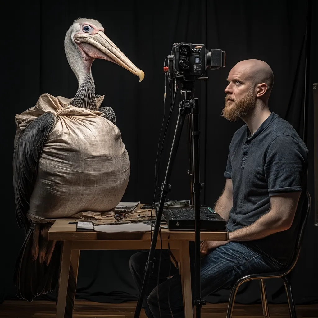 A brown pelican, its body enveloped in a large beige sack, sits opposite a bearded man at a small wooden table.  A professional camera mounted on a tripod is positioned between them, suggesting a filming or photography session. The dark background emphasizes the subjects, creating a dramatic and somewhat surreal scene.  The pelican appears calm and observant, while the man sits attentively.