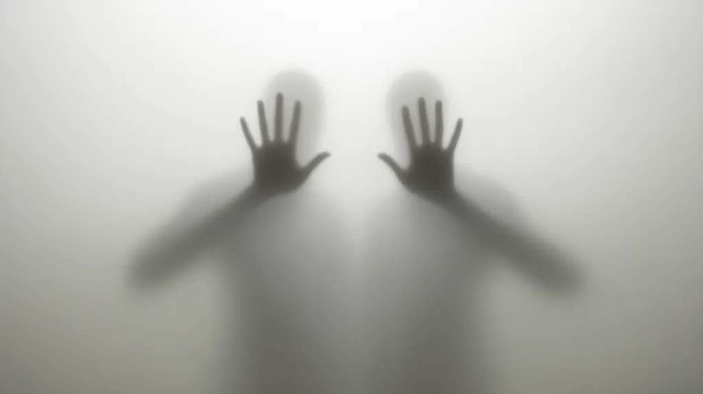 The image shows two blurry, shadowy figures pressed against a frosted glass surface.  Their hands are outstretched, palms facing forward. The figures are indistinct, creating a sense of mystery and unease.  The muted tones and lack of detail contribute to an ambiguous and somewhat unsettling atmosphere.