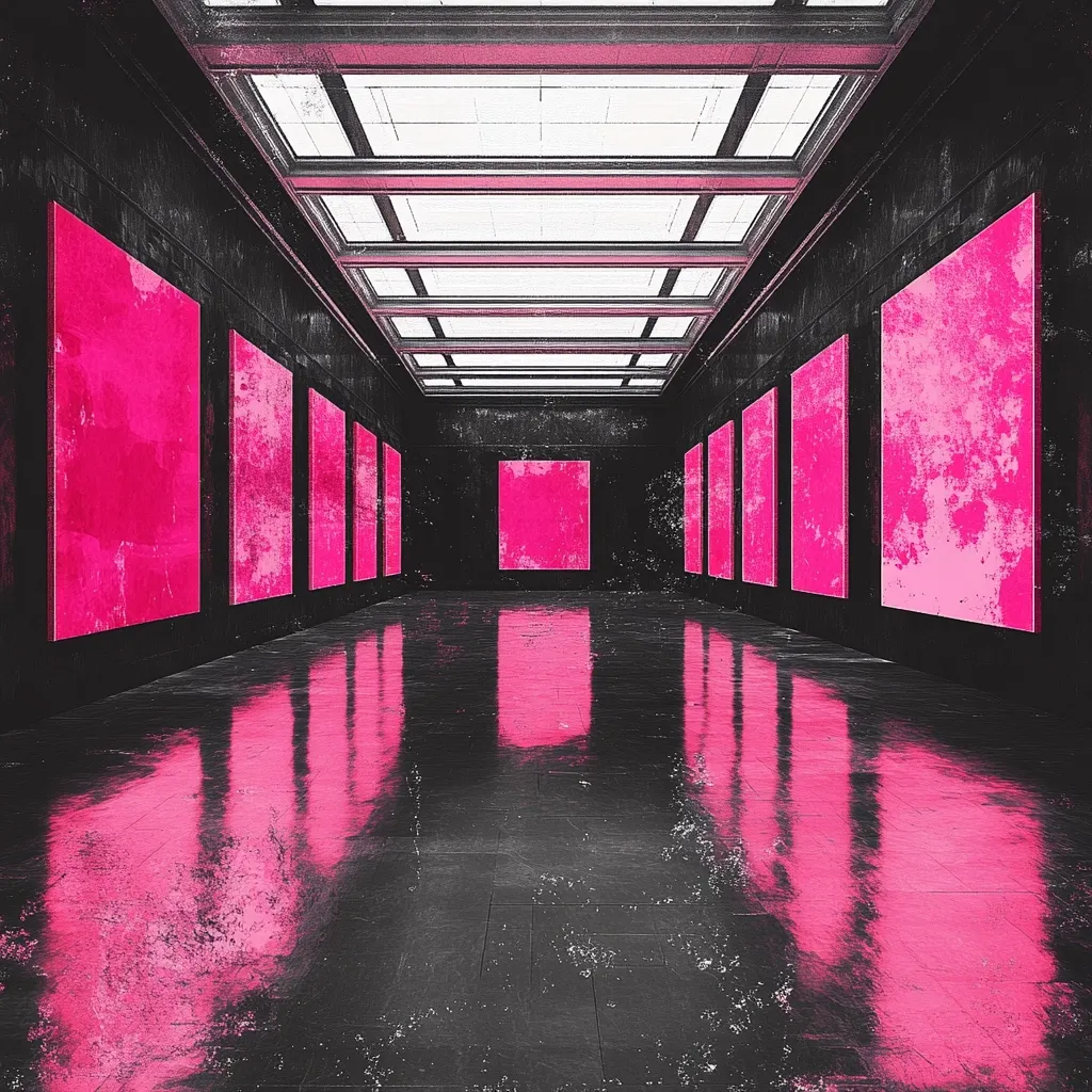 A long, dark gallery with a high, glass ceiling features several vibrant pink canvases on the walls. The floor is highly polished, reflecting the art and creating a symmetrical composition. The overall aesthetic is modern and slightly grunge, with textured walls and a sleek, reflective floor. The pink canvases stand out against the dark backdrop, creating a striking visual contrast.
