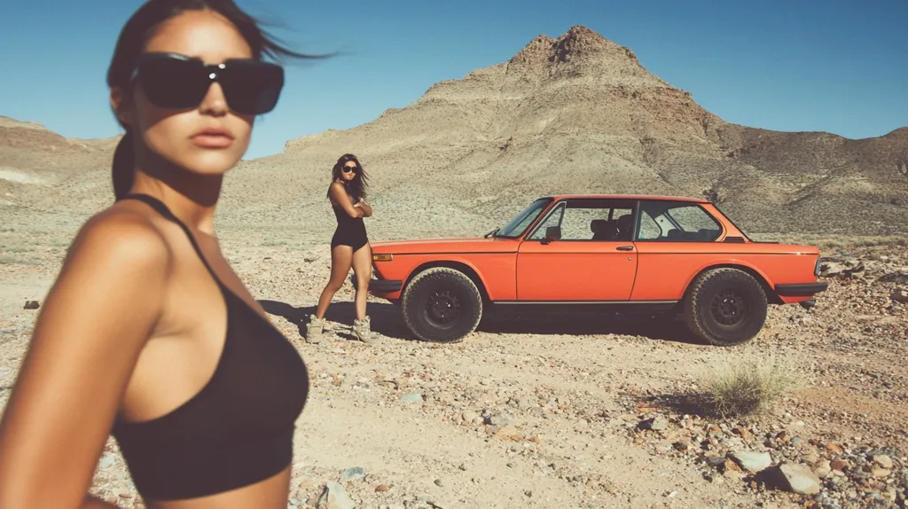 Two women stand in a desert landscape beside a vintage orange BMW 2002. One woman wears a black bikini top, sunglasses, and is in the foreground.  The other woman, in a black one-piece swimsuit, stands near the car. The car is modified for off-road driving, with large tires.  The arid desert setting features rocky terrain and a mountainous backdrop under a clear blue sky.