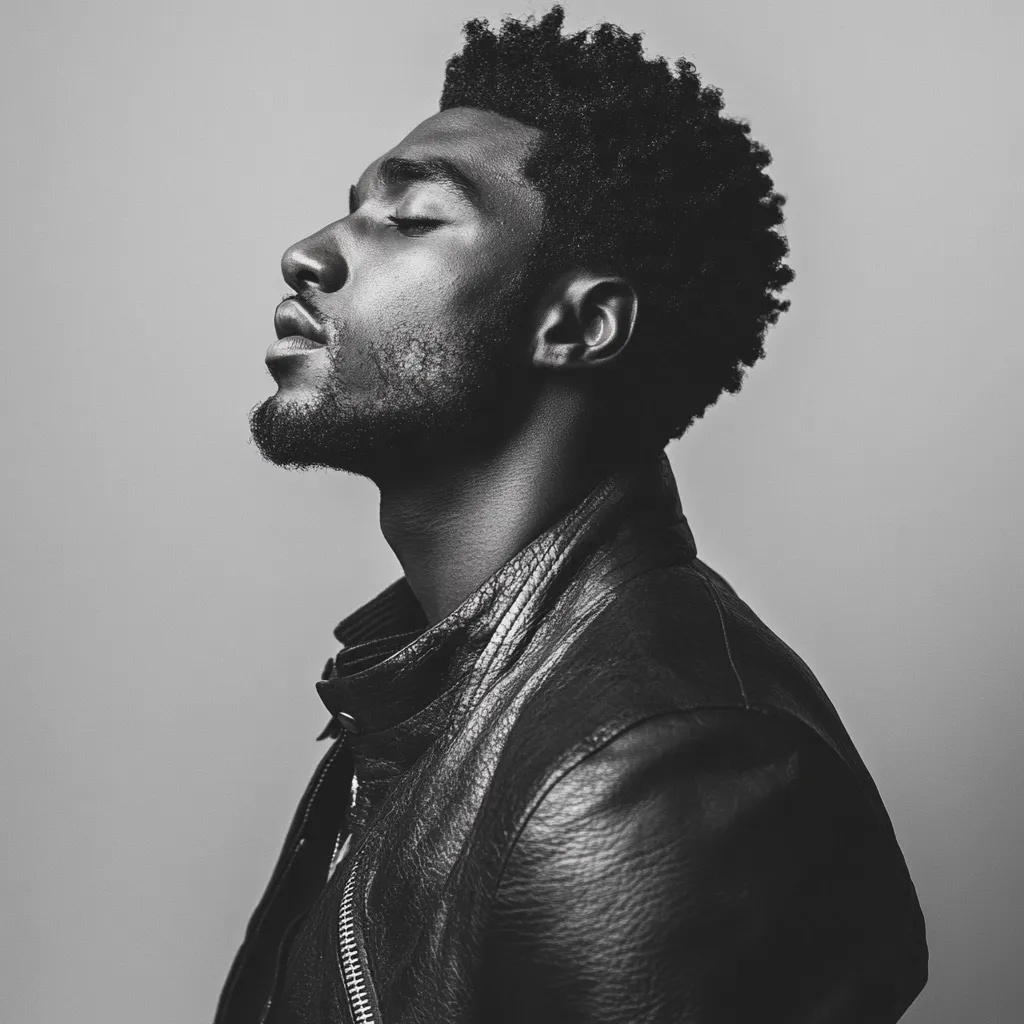 A black and white profile shot of a man with short, curly hair. He is wearing a black leather jacket and his eyes are closed, suggesting a serene or contemplative mood. The image is sharply focused, highlighting the texture of his skin and the leather.  The background is a plain, light grey, drawing attention solely to the subject. The overall tone is stylish and moody.