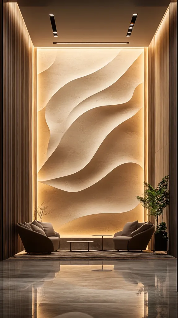 A modern, minimalist interior features two curved sofas facing a low coffee table.  The focal point is a large, illuminated wall with a sculpted, wave-like texture in beige tones.  Wood paneling and polished floors complete the serene and sophisticated ambiance.  A potted plant adds a touch of nature to the space. The overall lighting is warm and inviting.