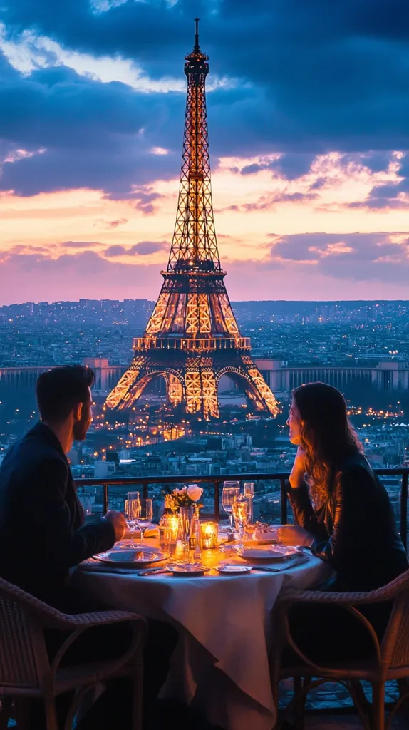 A romantic couple enjoys a candlelit dinner on a balcony overlooking the Eiffel Tower at sunset.  The city of Paris stretches out beneath them, twinkling in the evening light. The tower's illuminated structure dominates the skyline, creating a breathtaking backdrop for their intimate meal.  The scene is one of elegance and romance, a quintessential Parisian experience.