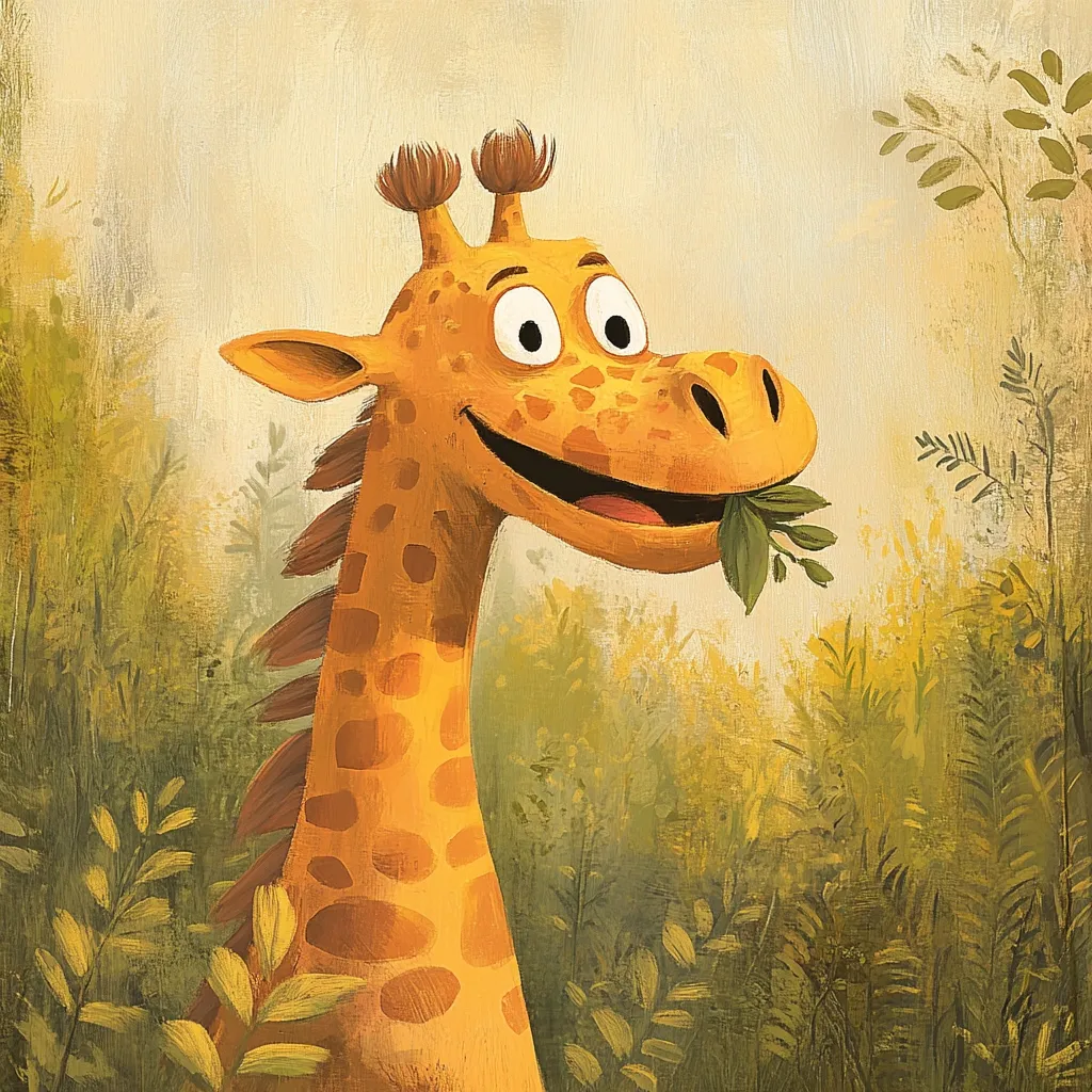 A cheerful cartoon giraffe, depicted in a painterly style, happily munches on a leafy green branch.  Its large, expressive eyes and open mouth convey joy. The giraffe's warm, orange tones contrast beautifully with the muted greens and yellows of the surrounding savanna-like vegetation. The overall style is whimsical and childlike.