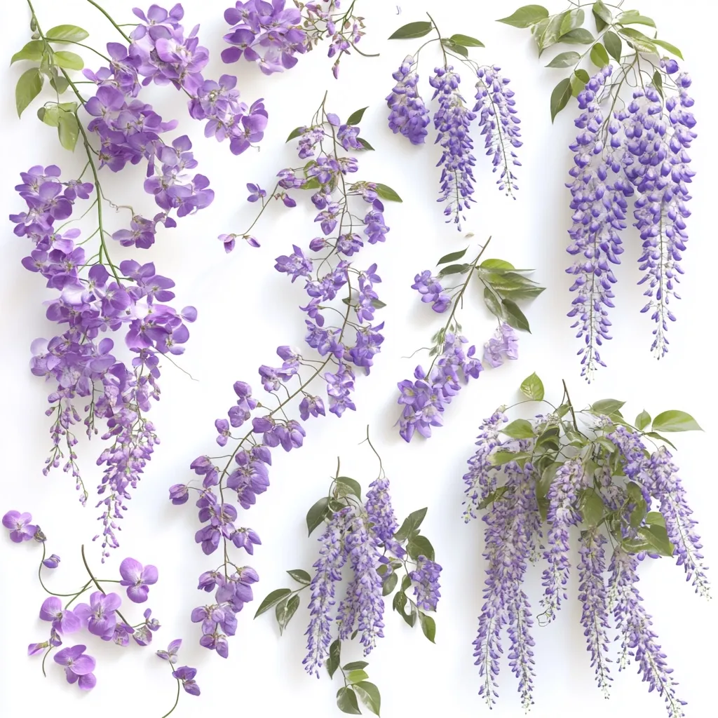 A collection of wisteria blossoms arranged against a white background.  Various lengths and arrangements of the purple flower clusters are displayed, showcasing the delicate cascading nature of the wisteria.  The image evokes a sense of springtime and floral beauty.  The leaves are a soft green, contrasting beautifully with the vibrant purple.