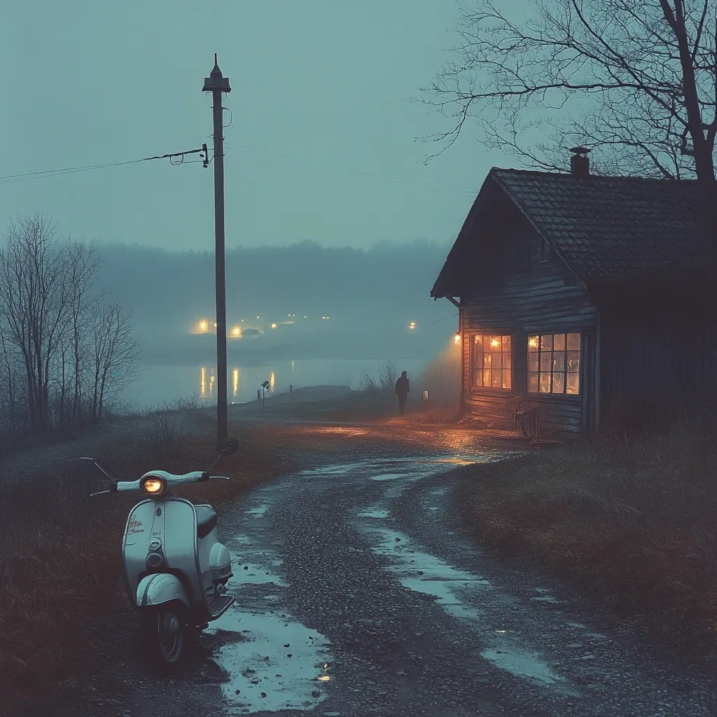 A vintage Vespa scooter rests beside a rain-slicked road leading to a dimly lit wooden house.  The scene is set at dusk, with a misty lake reflecting distant lights in the background.  A lone figure walks towards the house, adding to the quiet, atmospheric mood of the image.  The overall feeling is one of serene solitude and melancholic beauty.