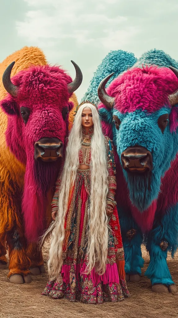 A woman with long blonde hair, adorned in a vibrant red and gold embroidered lehenga, stands between two vibrantly colored bison.  One bison is painted a bold pink and orange, the other a striking teal and pink.  The scene is set in a field of dry grass under a cloudy sky, creating a surreal and striking image.