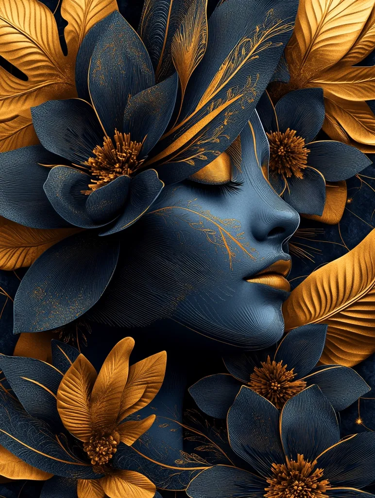 A stylized female face is depicted, seamlessly integrated with opulent navy and gold flowers.  The image employs a 3D rendering style, giving the flowers and face a textured, almost sculptural quality.  Intricate gold detailing accents the dark blue petals and the woman's face, creating a luxurious and dreamlike aesthetic. The overall effect is one of serene beauty and artistic sophistication.