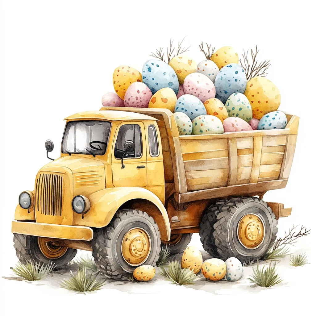 A charming watercolor illustration depicts a yellow dump truck overflowing with colorful Easter eggs. The truck, with its sturdy wheels and wooden bed, is surrounded by a scattering of additional eggs and small tufts of grass.  The pastel-colored eggs are decorated with various patterns, creating a festive and whimsical scene perfect for Easter celebrations.