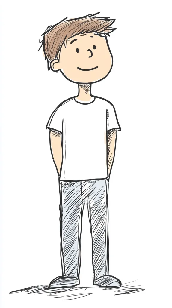 A simple line drawing depicts a boy standing with his hands in his pockets. He has short brown hair, a pleasant expression, and is wearing a white t-shirt and grey pants. The style is childlike and informal, with sketchy lines and shading.  He appears calm and relaxed.