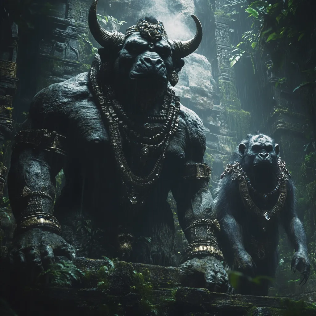 A majestic, dark-grey minotaur-like creature adorned with ornate gold jewelry stands within a rain-soaked ancient temple, overgrown with lush vegetation.  Beside it, a smaller, similarly adorned chimpanzee stands guard.  The scene is dark and mysterious, highlighting the figures' imposing presence against the backdrop of decaying stonework and dripping foliage.  The overall atmosphere is one of ancient power and hidden secrets.