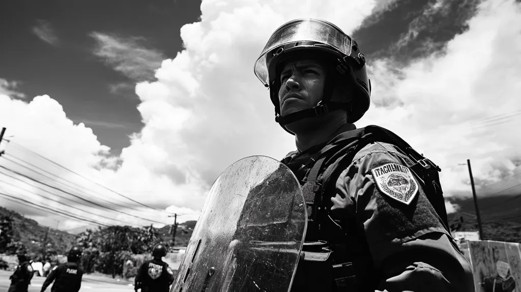 A black and white photo depicts a police officer in riot gear, looking off to the side. He wears a helmet with a face shield and holds a clear riot shield. His uniform displays a patch with the word "ITAGUAMI" visible. Other officers are blurred in the background, suggesting a tense situation. The sky is cloudy, and power lines cross the frame. The overall atmosphere is one of alertness and potential conflict.