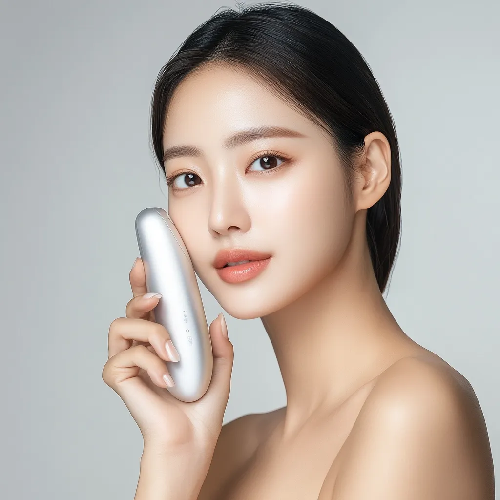 A young woman with flawless skin holds a sleek, silver beauty device against her cheek.  Her dark hair is pulled back, revealing her delicate facial features.  The image is clean and minimalist, emphasizing both the woman's beauty and the product's elegant design.  The overall impression is one of luxury and skincare.