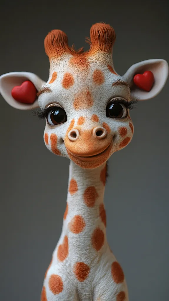 A charming, digitally rendered baby giraffe stares directly at the viewer.  Its large, expressive eyes and sweet smile are endearing.  Small, red heart-shaped adornments are attached to its ears.  The giraffe's coat displays the characteristic pattern of light fur with scattered orange spots. The background is a simple, neutral gray.