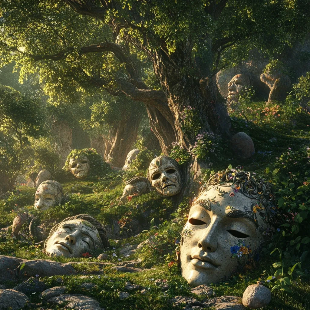 A lush, sun-dappled forest scene features numerous stone faces half-buried in the verdant ground.  Flowers and vines intertwine with the weathered stone, creating a mystical, overgrown ambiance.  Large trees and smaller plants surround the serene, almost dreamlike, collection of ancient-looking masks, suggesting a forgotten civilization or sacred site reclaimed by nature.