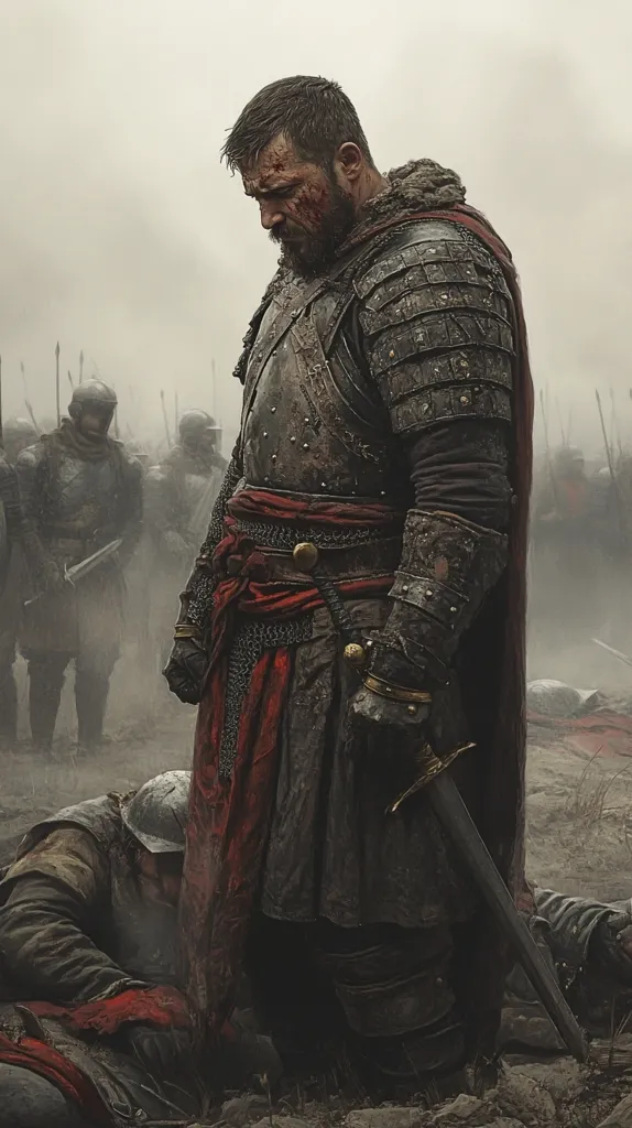 A blood-soaked, battle-hardened warrior stands amidst the aftermath of a brutal conflict.  His heavy armor and red sash contrast with the grim scene.  Fallen soldiers lie near his feet, while a line of defeated troops fades into the misty background.  The warrior's somber gaze and the overall atmosphere convey a sense of profound loss and weariness of war.  His sword hangs at his side, a grim reminder of the violence just endured.