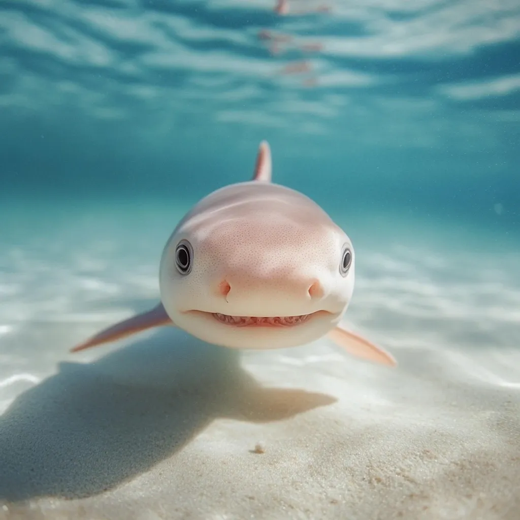 An underwater close-up reveals a juvenile shark with a surprisingly friendly expression. Its pinkish-white body contrasts with the clear, turquoise water.  The shark's open mouth shows small, neat teeth, giving it an almost smiling appearance.  The sandy ocean floor is visible beneath, creating a serene and captivating image.