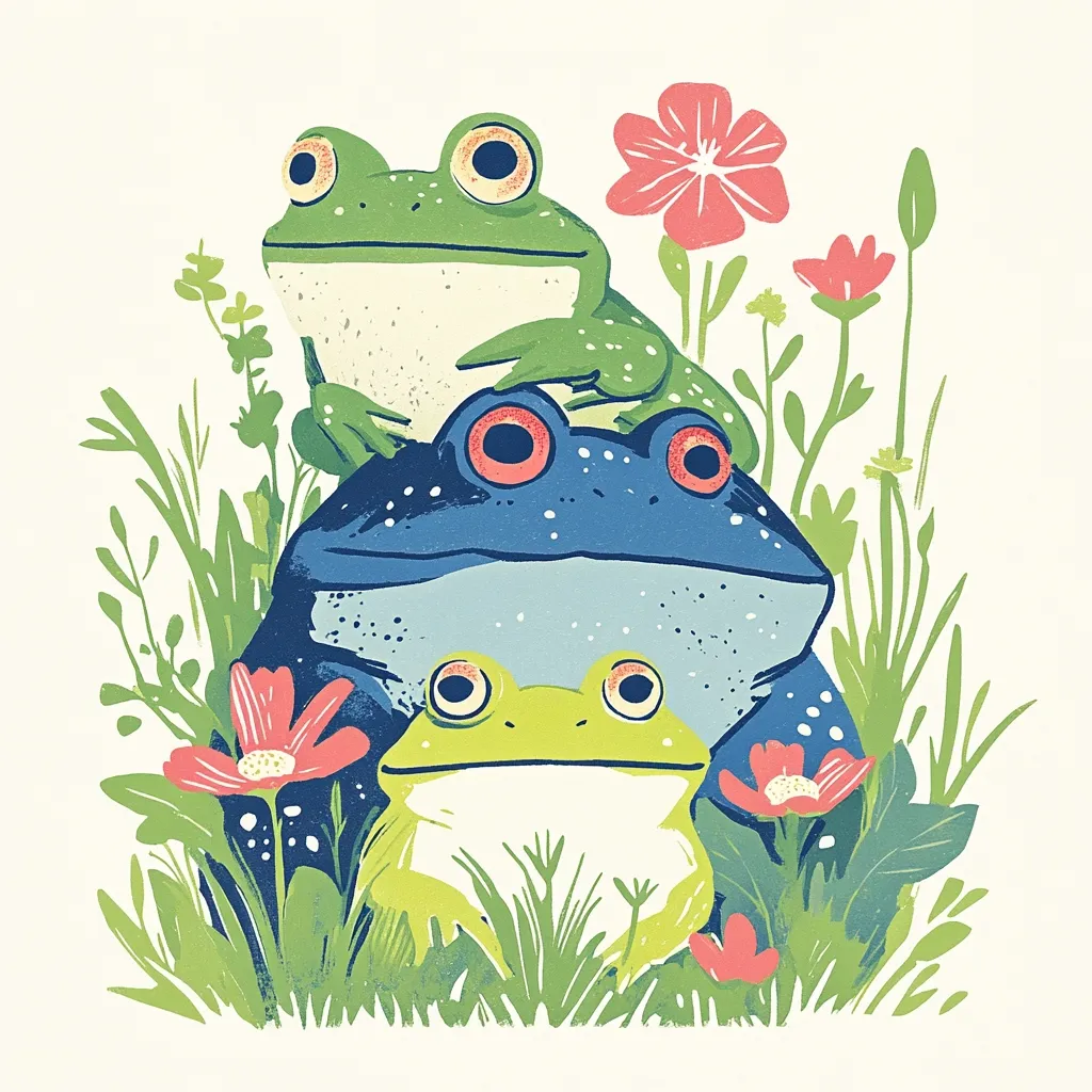 Three frogs of varying colors—green, blue, and lime green—are nestled amidst a vibrant garden.  The frogs are stacked, the largest blue frog in the middle, with the green frog on top and the lime green frog at the bottom.  Pink and red flowers and green foliage surround them, creating a cheerful, whimsical scene.  The style is illustrative, with bold outlines and a slightly textured appearance.