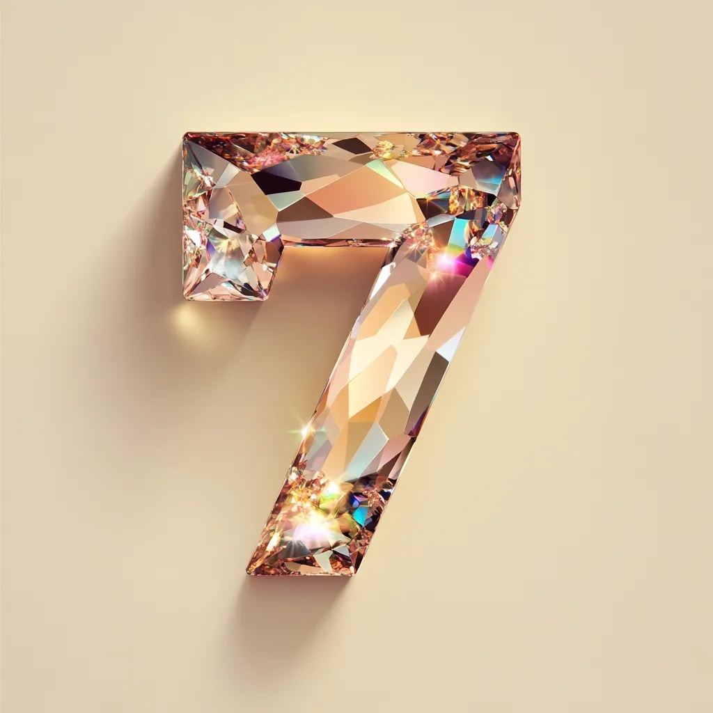 A sparkling, three-dimensional number seven is depicted against a pale beige background.  The number is rendered in a crystalline style, with facets that catch and reflect light, creating a sense of depth and shimmer.  The color palette is warm, with hues of rose gold and amber. The image is highly polished and luxurious, suggesting elegance and sophistication.